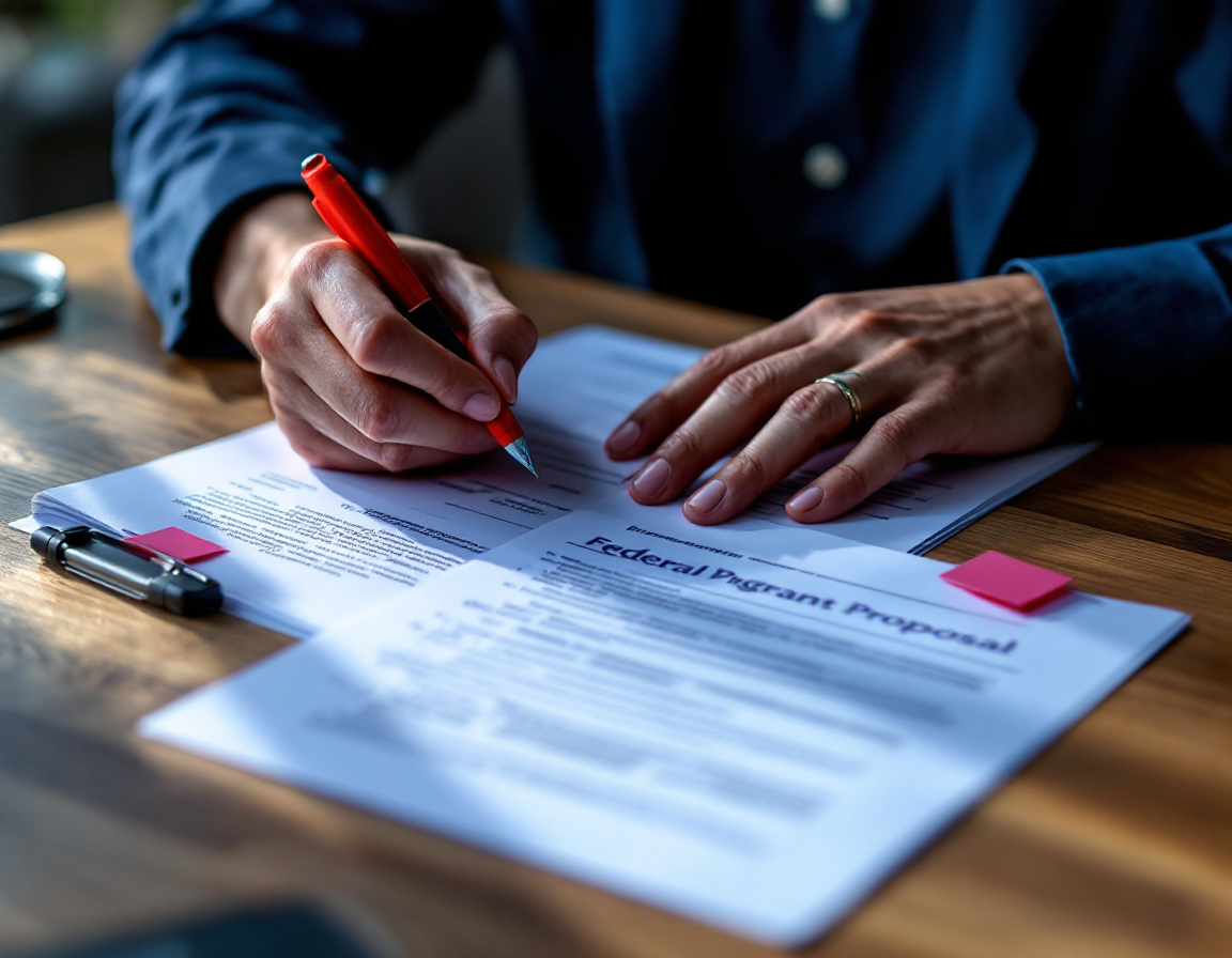 A grant writer reviewing a printed federal proposal with a red pen and sticky tabs