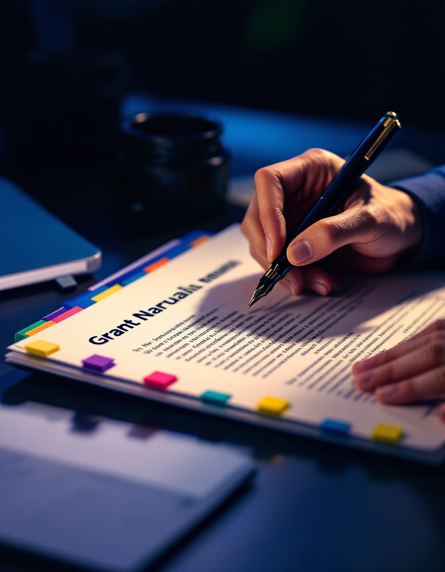 Hands marking up a printed grant narrative with color-coded tabs