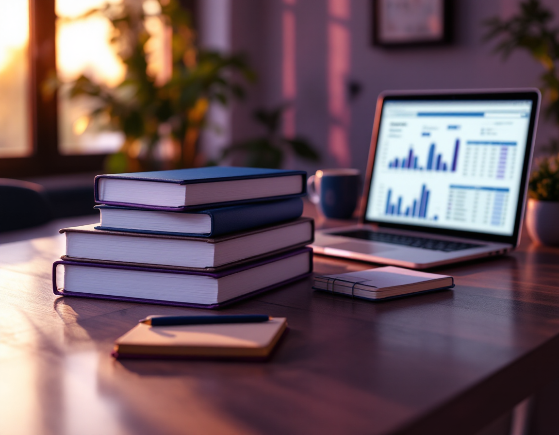 A tidy desk with grant proposal binders and a budget on screen, warm window light