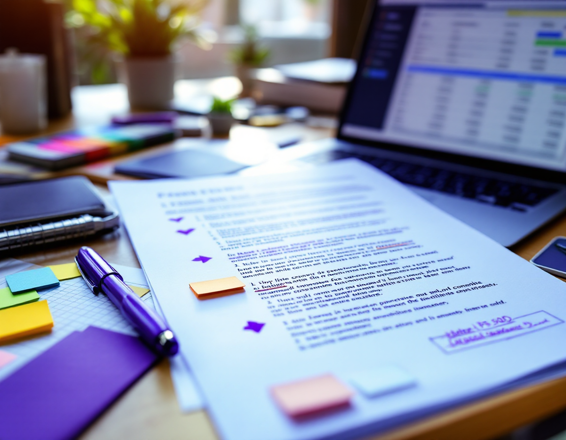 A printed proposal being marked up by hand beside a laptop showing a budget